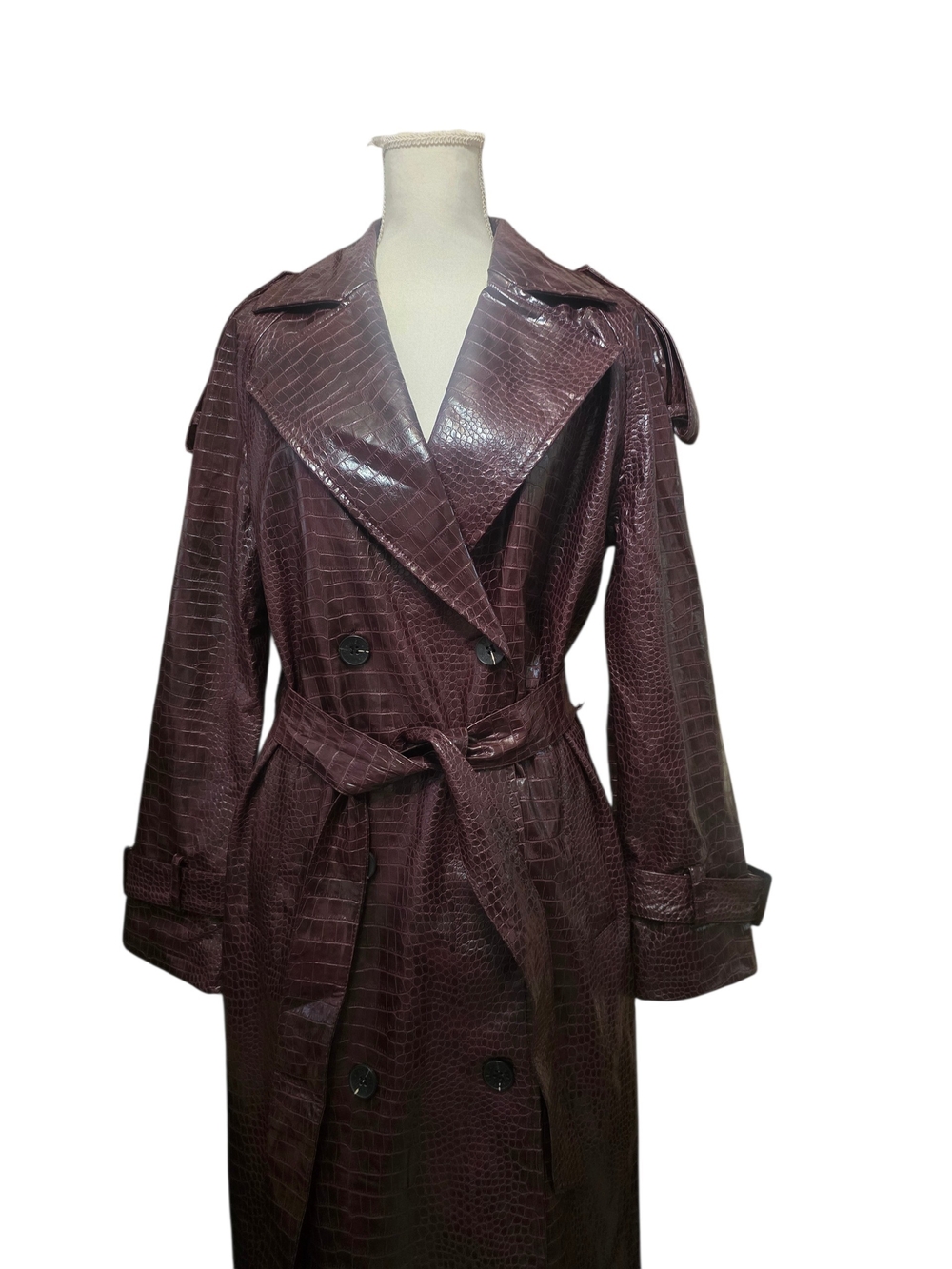 Avec Les Filles Dark Burgundy Croc-Embossed Trench Coat - Picture 5 of 10